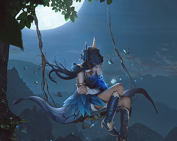 Moonlight swing, night, blue, xiao hzs, moon, fantasy, luna, swing, girl HD wallpaper