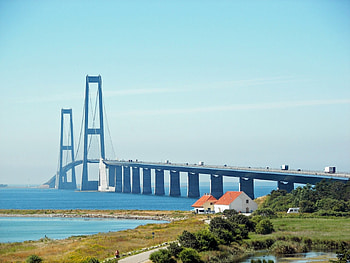 Bridge in Denmark, houses, Denmark, Bridge, cars HD wallpaper