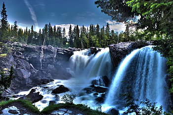 waterfall blue, falls, trees, waterfalls, nature, rock HD wallpaper