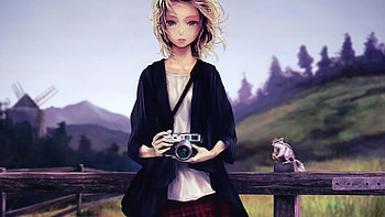Anime Girl, animal, anime, camera, sky, girl, mountain HD wallpaper