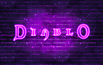 Diablo violet logo, , violet brickwall, Diablo logo, games brands, Diablo neon logo, Diablo HD wallpaper