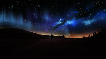 Under the stars, landscape, road, aurora borealis, sky, night, Sci Fi, Stars HD wallpaper