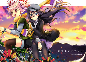 Original, glasses, pin hair, 2girls, black hair, long hair, dress, hat HD wallpaper