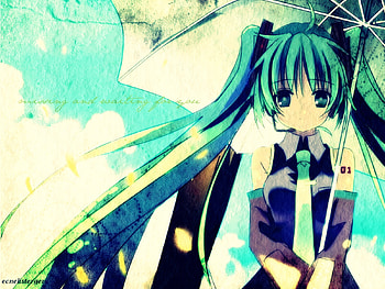 Hatsune Miku, umbrella, awesome, nice, twintal, hatsune, aqua eyes, white, girl, headset, aqua, anime, pretty, virtual, blue, black, heads, cute, vocaloid, beauty, miku, vocaloids, program, skirt, rain, text, beautiful, diva, tie, sad, aqua hair, cool, clouds, sky, idol, micro HD wallpaper