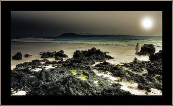 Midnight under the big moon, sea, big moon, rocks, woman, walk HD wallpaper