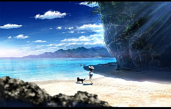 Beach Stroll, dog, sand, beauty, nice, beach, scenery, scenic, water, ocean, cloud, female, hill, sweet, sea, scene, girl, beautiful, mountain, anime girl, anime, pretty, sky, lovely, realistic HD wallpaper