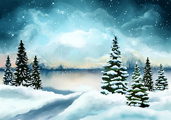 Winter, pine trees, lake, digital art HD wallpaper