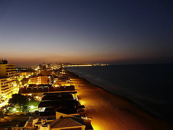 Just After Dark, shore, dark, lights, beach HD wallpaper