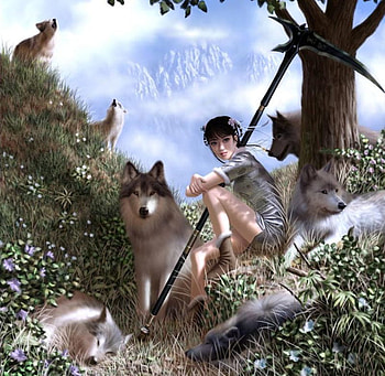 Scythe Wolf, cute, girl, digital art, beautiful, wolf, beauty, scythe, anime, fantasy, cg, pretty, female HD wallpaper