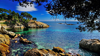 Costa Brava, Spain, sea, sky, mediterraneanrocks, tree, clouds HD wallpaper