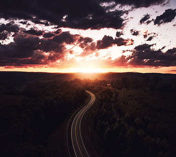 Nature, Trees, Sunset, Sky, View From Above, Road, Forest HD wallpaper