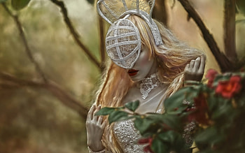 her secret, agnieszka lorek, mask, blonde, art, girl, forest, woman HD wallpaper