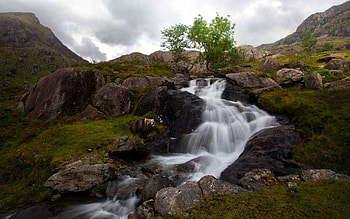 Nature, Grass, Stones, Mountains, Waterfall HD wallpaper