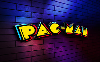 Pac-man 3D logo, , colorful brickwall, creative, games, Pac-man logo, 3D art, Pac-man HD wallpaper