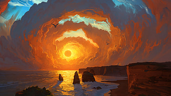 Sunset, sea, art, orange, rock, fantasy, luminos, sky, artem cheboka, water, artem chebokha, cloud HD wallpaper