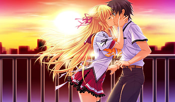 Anime girl and boy, cloud, love, sky, kiss HD wallpaper