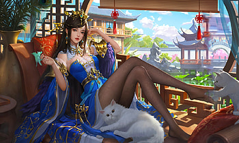 Princess in Pagoda with her Cats, art, fanntasy, digital, cats, pagoda, girl, woman HD wallpaper