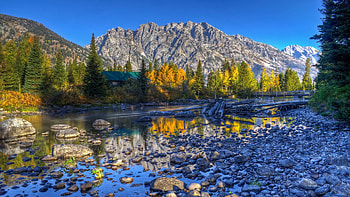 Grand Teton NP, Wyoming, sky, rocks, lake, trees, landscape, usa HD wallpaper