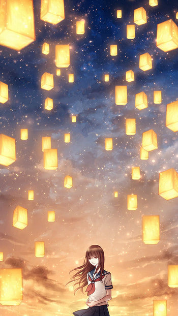 Sky, Art, Lights, Shine, Light, Lanterns, Girl HD phone wallpaper