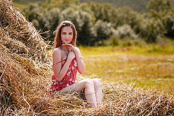 Brown Haired Girl Sitting In A Dress Surrounded By Bokeh And Hay, brunette, girls, model HD wallpaper
