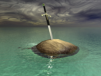 the sword in stone in the lake, sword, 3d, fantasy, art, king, sky, lake, rock HD wallpaper