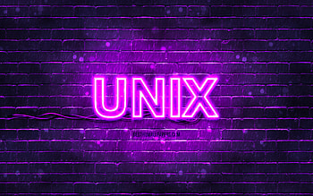 Unix violet logo, , violet brickwall, Unix logo, operating systems, Unix neon logo, Unix HD wallpaper