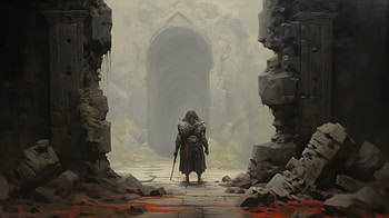Warrior Approaching Ancient Castle Ruins, castle, warrior, fantasy, ruin, fantasy warrior HD wallpaper