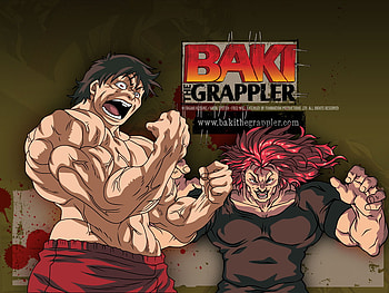 Baki & Yujiro, brown background, yujiro, baki the grappler, red eyes, baki, hanma baki, grappler baki, shirtless, muscles, anime, hanma yujiro, duo, yujiro hanma, baki hanma, fighters HD wallpaper