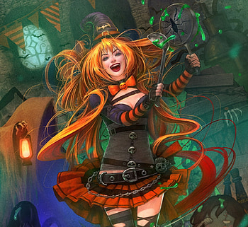 Witch, kisuny, girl, orange, tsujo, frumusete, halloween, fantasy, red, green, lantern, luminos HD wallpaper