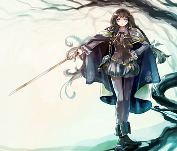 Lovely Girl, blue, black, sword, grey, cute, girl, long hair, beauty, woman, lady, anime, cape, female HD wallpaper