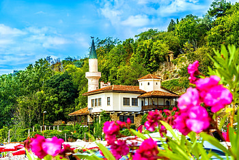 Castle near the Black sea, palace, town, coast, flowers, beautiful, castle, sea, summer, Bulgaria, history HD wallpaper