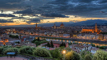 Italy Tuscany, Sunset cityscape, River panorama, Majestic clouds HD wallpaper