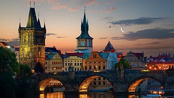Towers on Charles Bridge, Vltava River, Captivating sunset, Prague at dusk HD wallpaper