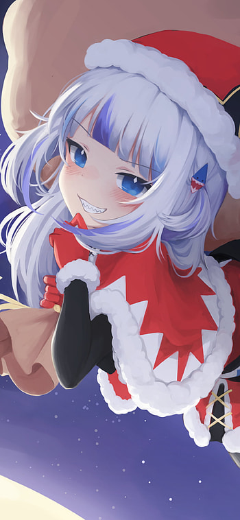 santa hat, white hair, blue eyes, Gawr Gura, hololive, Anime, Virtual Youtuber HD phone wallpaper