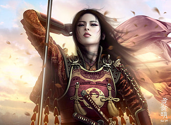 Shiba Tsukimi, wind, fantasy, samurai, girl, long hair, warrior HD wallpaper