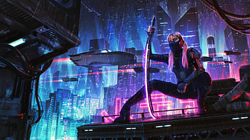Cyberpunk Girl Cityscape With Katana, anime, samurai, warrior, neon, katana, cyberpunk, artist, artwork, art, digital-art, deviantart HD wallpaper