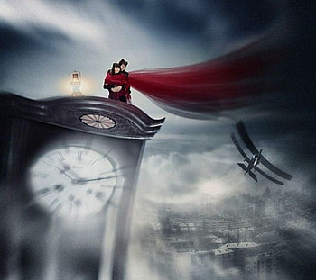 time flies..., abstract, fantasy, airplane, sky, clock HD wallpaper