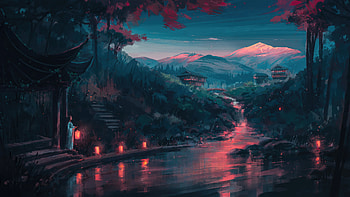 Riverside Artistry With An Lantern, lantern, artist, artwork, digital-art HD wallpaper