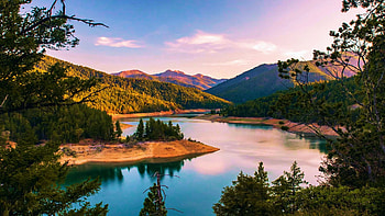 Applegate Lake, Oregon, hills, trees, clouds, landscape, sky, water, usa, reflections HD wallpaper