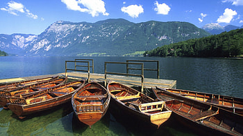 wooden boats on a lake in slovenia, wooden, boats, mountains, docks, lake HD wallpaper