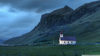 beautiful country church in iceland, clouds, grass, church, dusk, mountain HD wallpaper