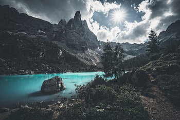 Lake, lake, nature, rock, sun, sky HD wallpaper
