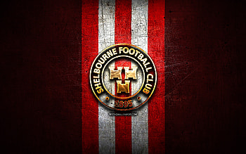 Shelbourne FC, golden logo, League of Ireland Premier Division, red metal background, football, irish football club, Shelbourne FC logo, soccer, FC Shelbourne HD wallpaper