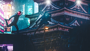 Over Roof Top Cyberpunk Masks, cyberpunk, street, artist, artwork, digital-art, manipulation HD wallpaper