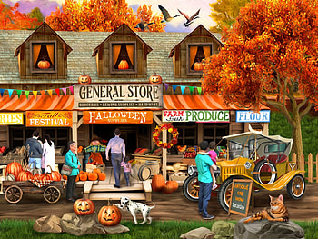 Halloween at the General Store, painting, pumpkins, dog, car, autumn, market HD wallpaper