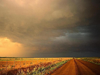 Something Brewing, clouds, forces, road, field HD wallpaper