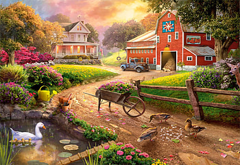 After the Rain, House, barn, car, trees, clouds, sky, cart, ducks, artwork, painting HD wallpaper