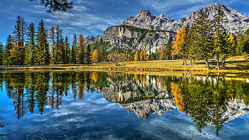 Lake Antorno, The Dolomites, South Tyrol, landscape, clouds, italy, sky, mountains, alps, water, reflections, trees HD wallpaper