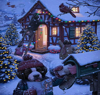 Dog's Christmas, Mail box, Letters, Trees, Dog, Family, House, Christmas, Snow, Lights HD wallpaper