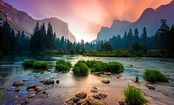 Sunrise - Yosemite National Park, glory, yosemite, water, mountains, beauty, sunrise, park, natural, graphy HD wallpaper